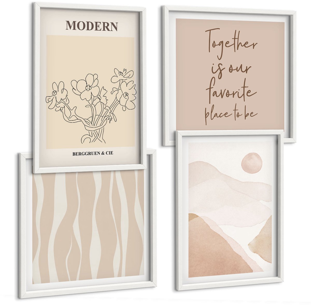 Wallfluent 4-Delige Schilderij Set - Abstracte Vormen In Ingetogen Kleuren - 40 x 40 En 40 x 60 - Wanddecoratie - Schilderijen Set - Kantoor - Moderne Wanddecoratie