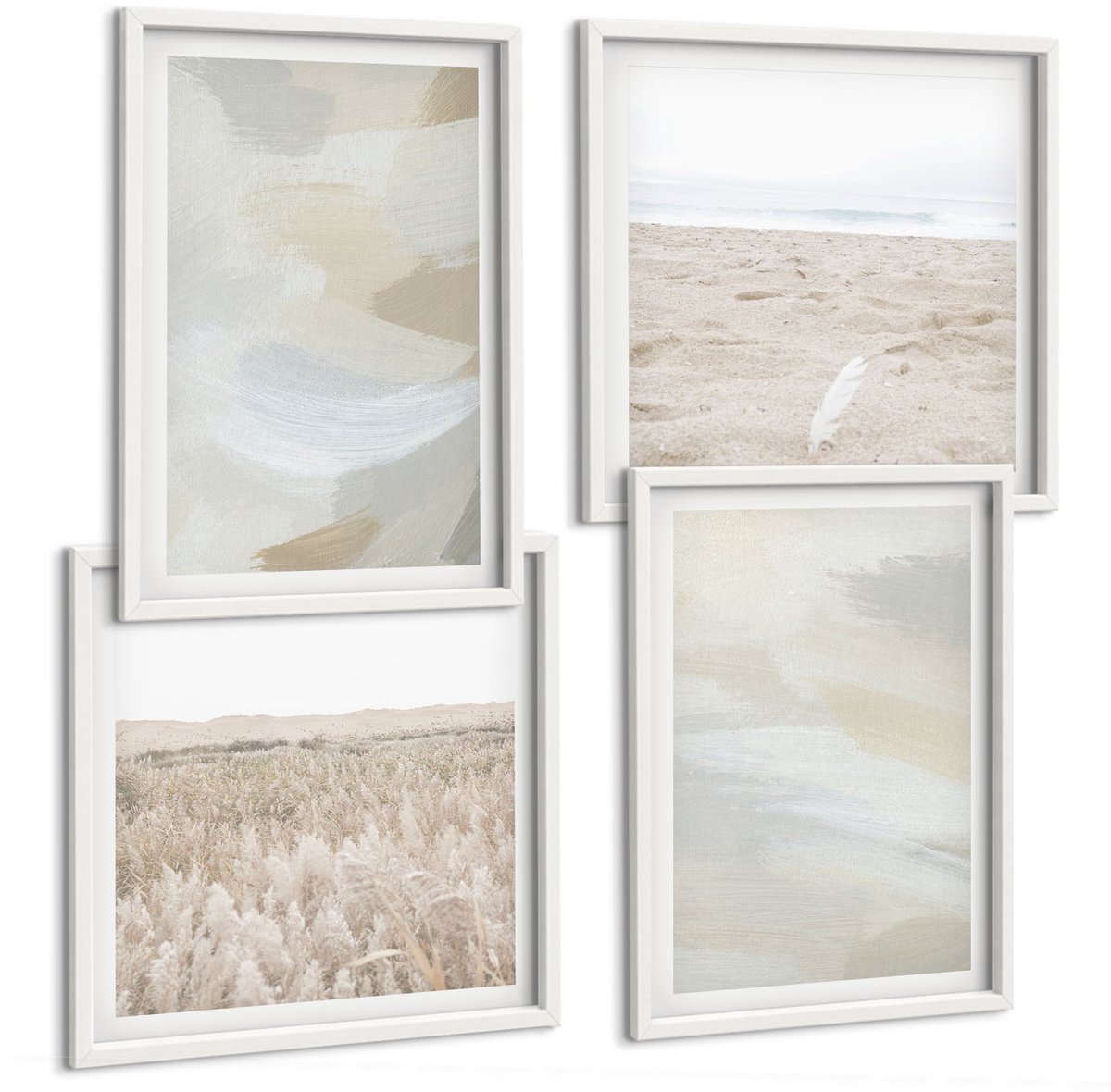 Wallfluent 4-Delige Schilderij Set - Abstracte, Heldere Achtergrond Met Delicate Penseelstreken. - 40 x 40 En 40 x 60 - Wanddecoratie - Woonkamer Decoratie - Interieur Decoratie