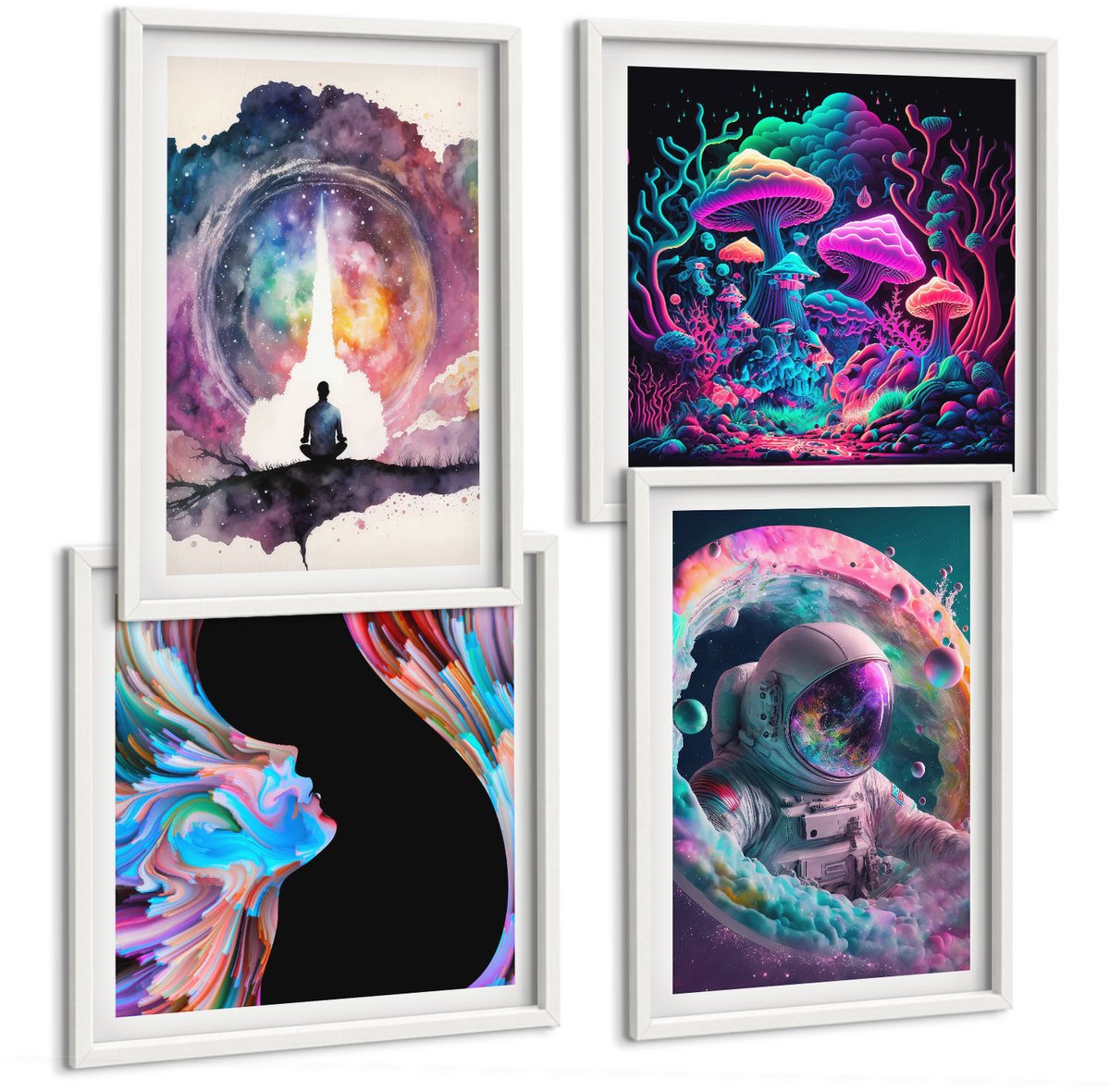 Wallfluent 4-Delige Schilderij Set - Kleurrijke Fantasiekunstillustraties - 40 x 40 En 40 x 60 - Moderne Wanddecoratie - Slaapkamer - Interieur Decoratie