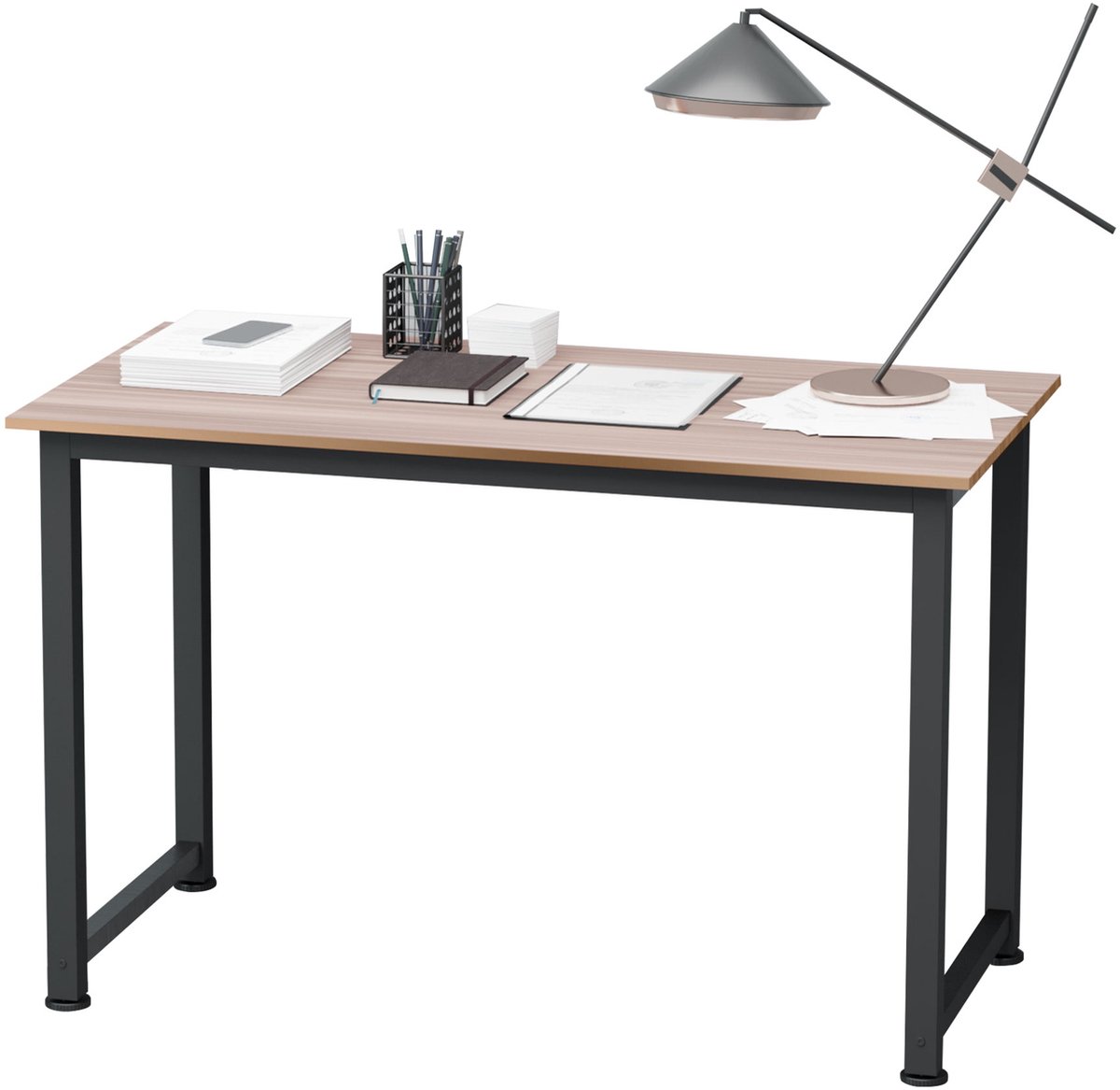 Bureau met stalen frame en verstelbare poten, studietafel voor thuiswerkplek, 120x60x76 cm, zwart en naturel