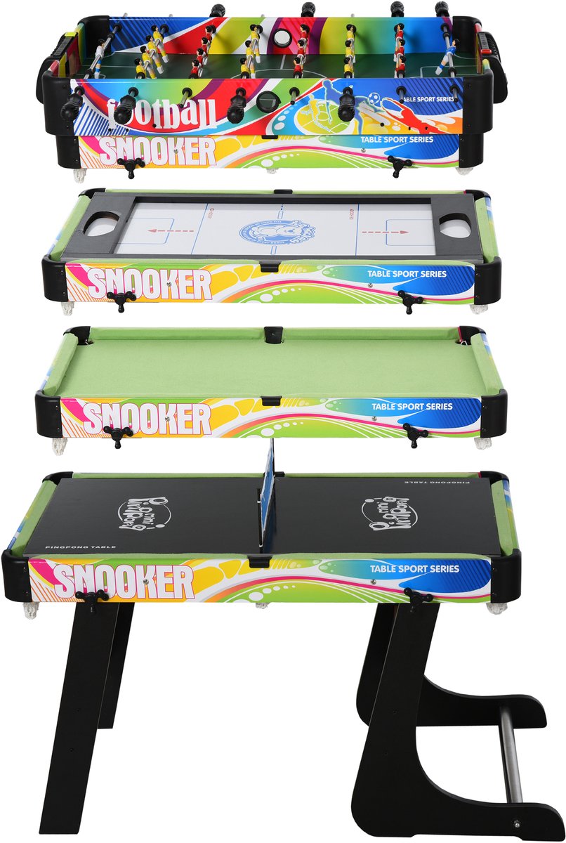 4-in-1 opklapbare multi-game tafel met tafelvoetbal, hockey, biljart en tafeltennis 86,5x43,5x64 cm
