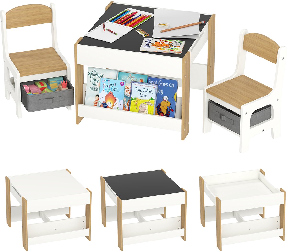 3-in-1 kindertafel- en stoelenset met krijtbord, stoffen lades en opbergruimte, wit en naturel