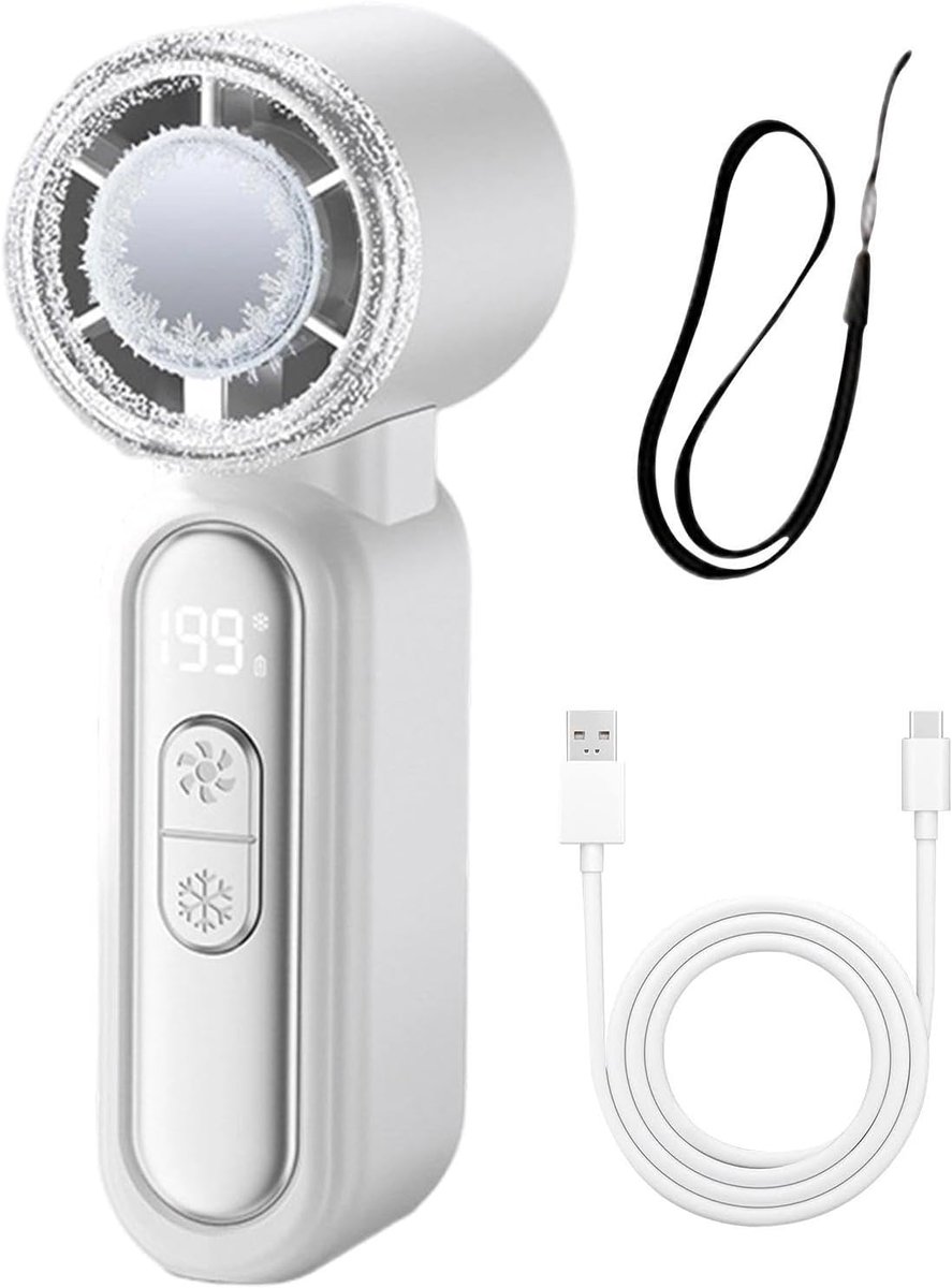 Mini Ventilator Draagbaar - Handventilator met IJs Koeling - Semiconductor Koeling - Oplaadbaar USB - Stil & Krachtig - 199 Standen - Compacte Zakventilator voor Reizen, Festival, Kantoor & Thuis - stille motor - Draagbare ijsventilator - Wit