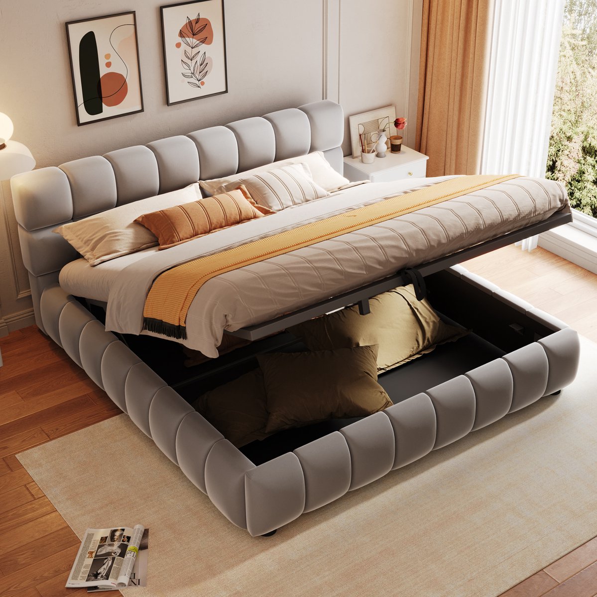 REDOM - Gestoffeerd bed - Hydraulische opbergruimte - Ingelaten matrashouder - Lattenbodem met 26 latten - Moderne stijl - Slaapkamer - Fluweelstof en MDF - Grijs - 140 x 200 cm