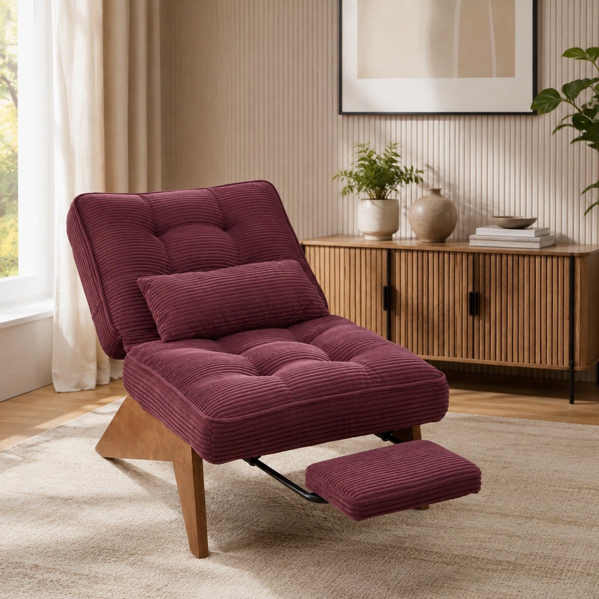REDOM - Relaxfauteuil - Verstelbare rugleuning en voetensteun - Lendenkussen - Corduroy - Retro stijl - Woonkamer, slaapkamer of werkkamer - Hout - Wijnrood - 127 x 73 x 90 cm