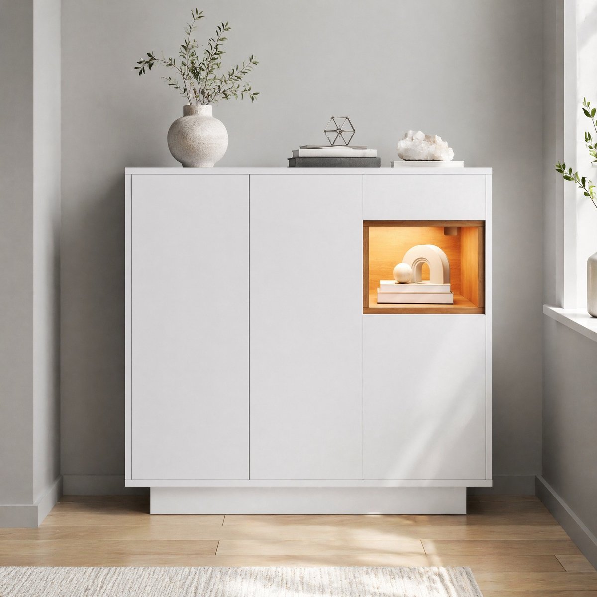 REDOM - Schoenenkast - met lade - verstelbare planken - LED verlichting - moderne stijl - hal - spaanplaat - Wit en Natuurlijk - 105 x 39,5 x 100,5 cm
