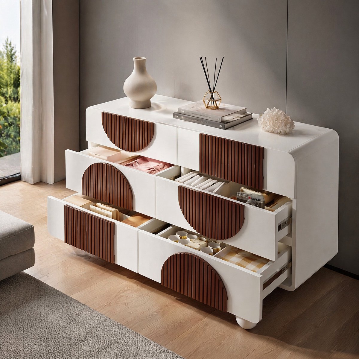 REDOM - Kommode / Ladekast - 6 lades - Leise schuiflades - Anti-kantelbeveiliging - Design - Woonkamer, hal of keuken - MDF en hout - Wit en Bruin - 121 x 71 x 41 cm