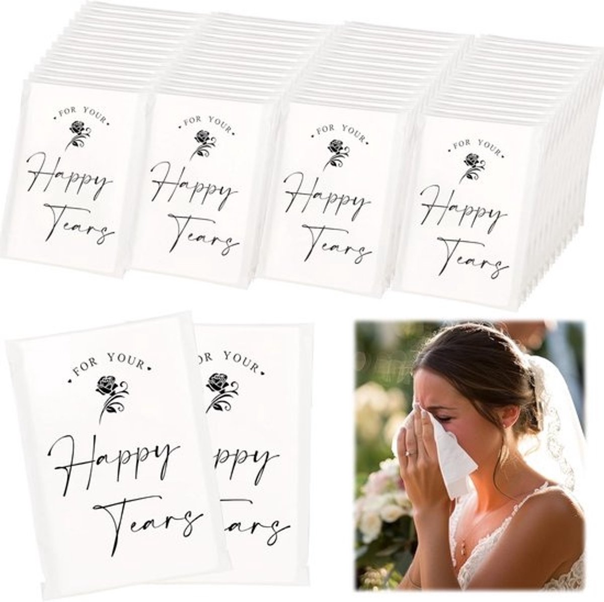 48 Stuks Zakdoekjes 'For Your Happy Tears' voor Bruiloft - 3 Laags Zakdoekjes voor Gasten