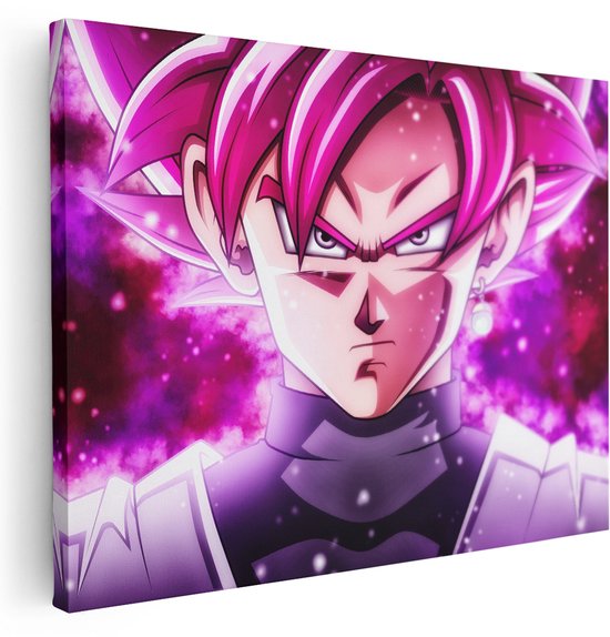 Canvas schilderij van anime karakter Goku Rose met roze haar en paarse achtergrond.