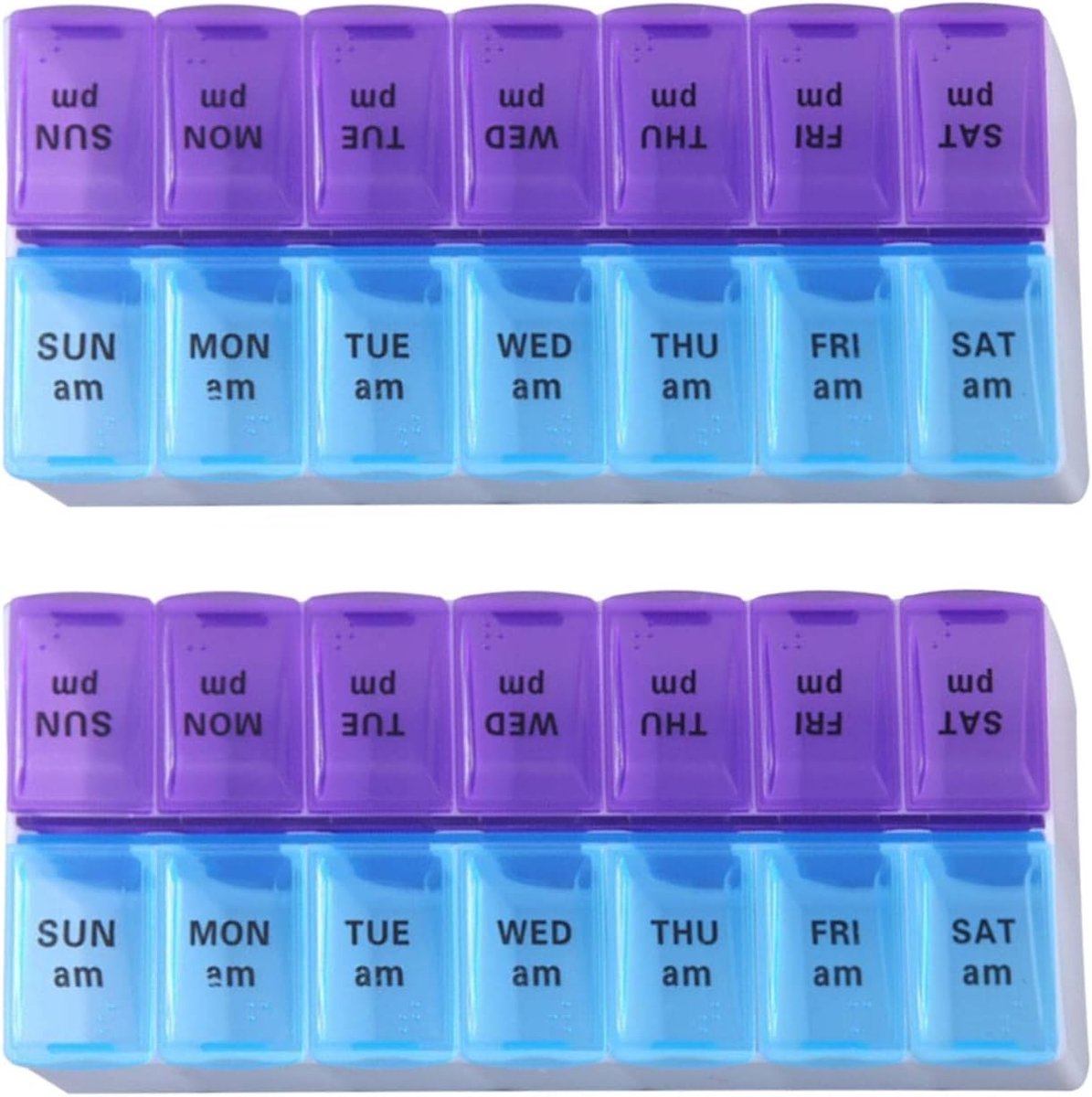 Grote 7-Daagse Pillendoos met Afneembare Compartimenten en Drukknopontwerp voor Medicijnen, Ideaal voor Reizen en Organisatie van Medicatie (Paars/Blauw, Afmetingen: 17.5 x 8.5 x 3.2 cm)