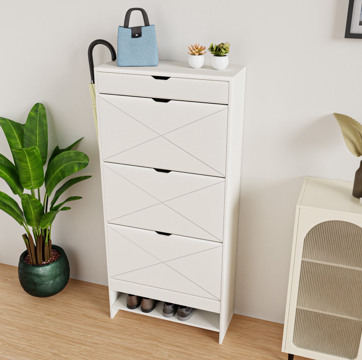 DESMIU Schoenkast - Smal Valscharnier Ontwerp Met 3 Lades En Bovenlade - Voor Hal En Woonkamer - MDF - Wit - 147x43x23 Cm