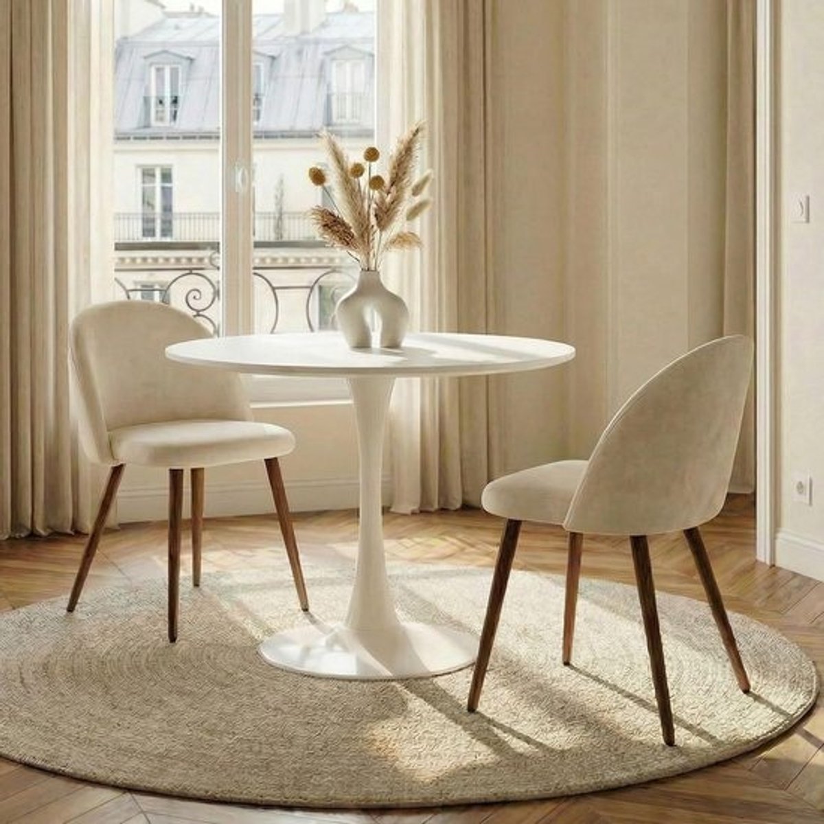 Eetgroep Set - Keukentafel Stoelen - Compact Wonen - Stabiele Tulpvoet - 80 cm Rond - Wit Beige