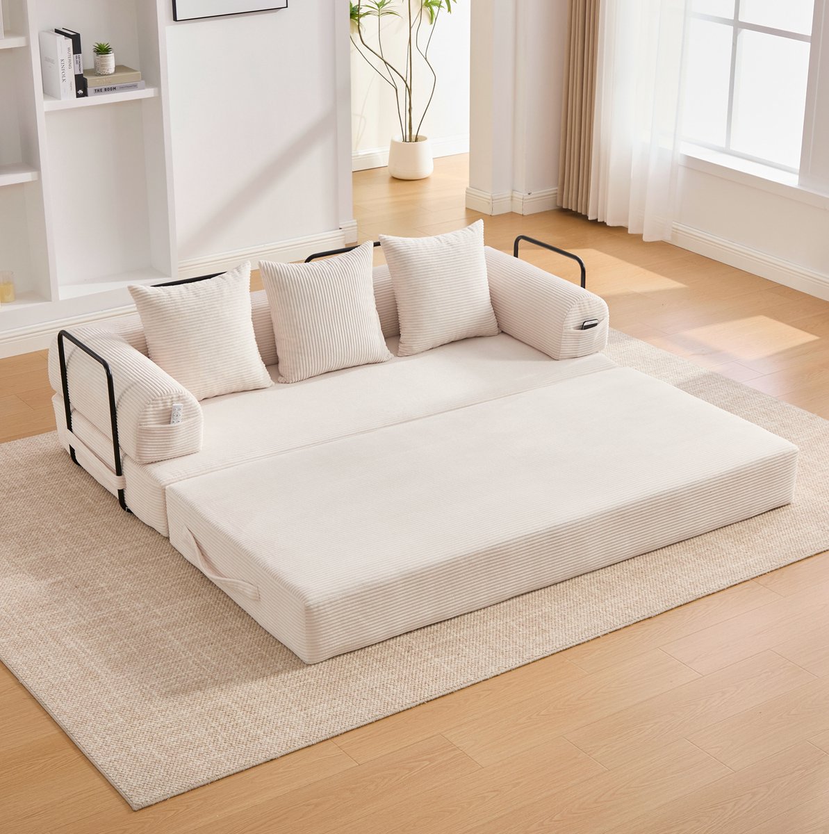 MODENUIT Slaapbank 3-Zits 200 cm - Modulaire Bank Met Bedfunctie En Opbergtas - Woonkamer - Corduroy - Beige