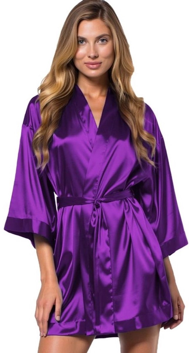 Paars Damesbadjas voor Bruiloft en Bruidsfeest - Luxe Satijnen Kimono voor Vrouwen, XXL