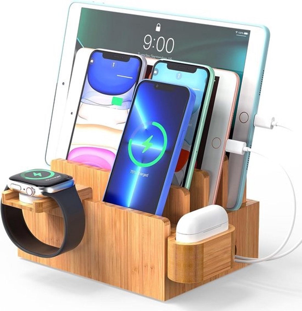 Bamboe Oplaadstation Organizer voor Telefoons, Tablets en Accessoires - Desktop Oplader Dock