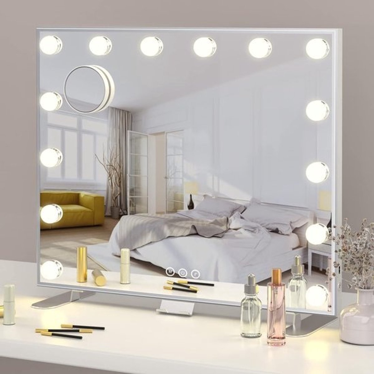Verlichte Make-up Spiegel met USB Oplaadpoort en Telefoonhouder - 14 LED Lampen en 3 Verstelbare Verlichtingsmodi (60 * 18 * 52.3CM)