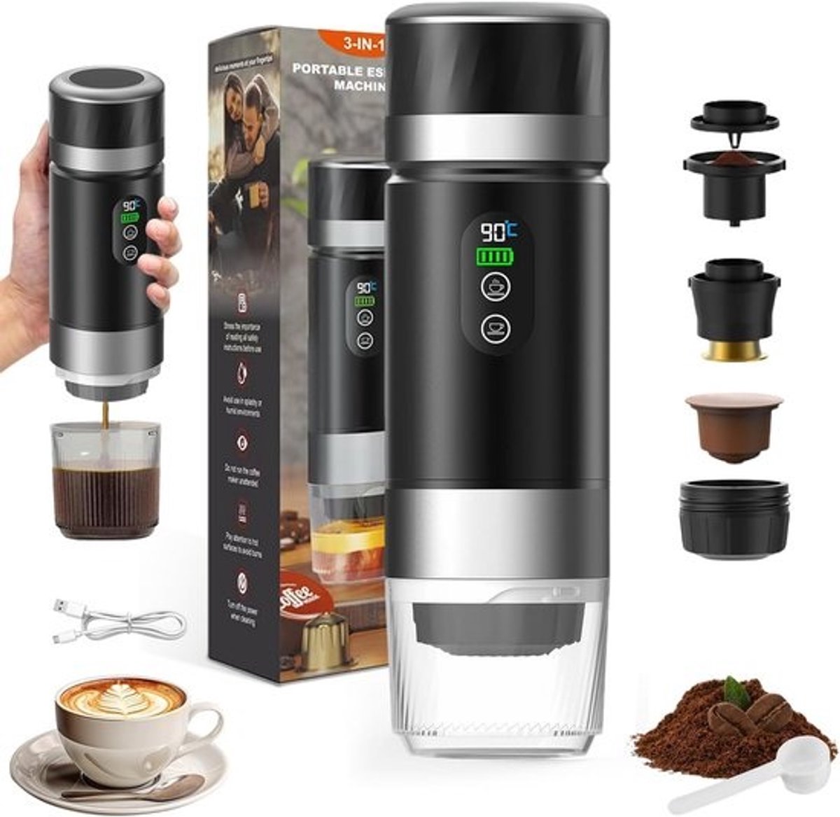 Draagbare Mini Koffiezetapparaat op Batterij voor Auto en Camping - 90 ml - 3-in-1 Espresso