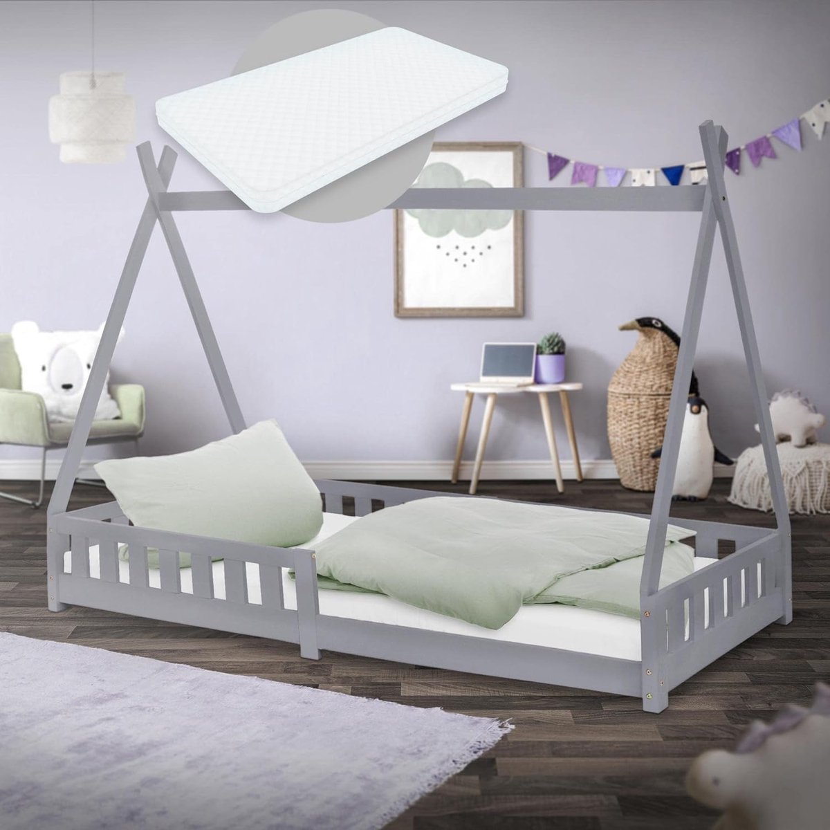 Kinderbed Tipi - Huisbed Kinderkamer - Avontuurlijk Slapen - Inclusief Matras - 90x200 cm - Grijs