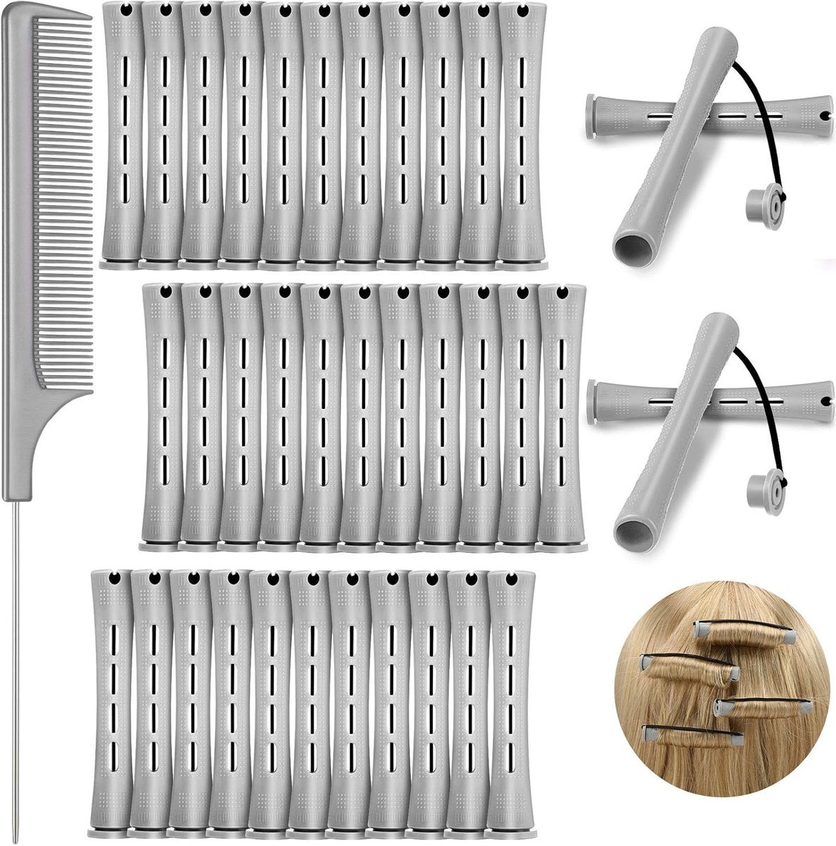 Koude golf staven - Haarrollers krulspelden - Haarstyling thuis - Met staartkam - 36 stuks - Grijs