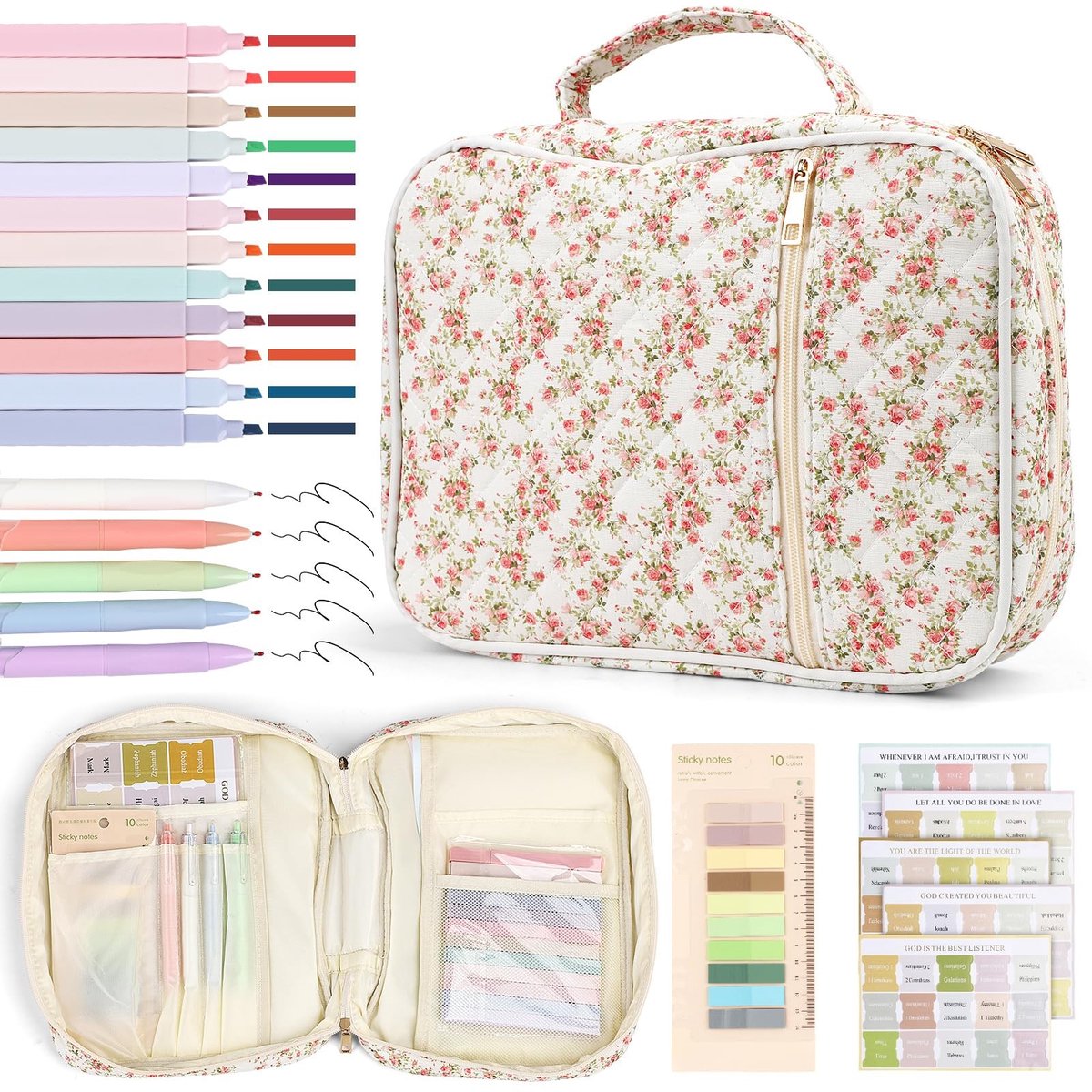 Dailygoods- Bijbelhoes Set - Inclusief 12 Markeerstiften - 5 Gelstiften - 200 Tabbladen - 75 Gebedkaarten - 30 x 23 x 8 cm, Katoen - Boekentas