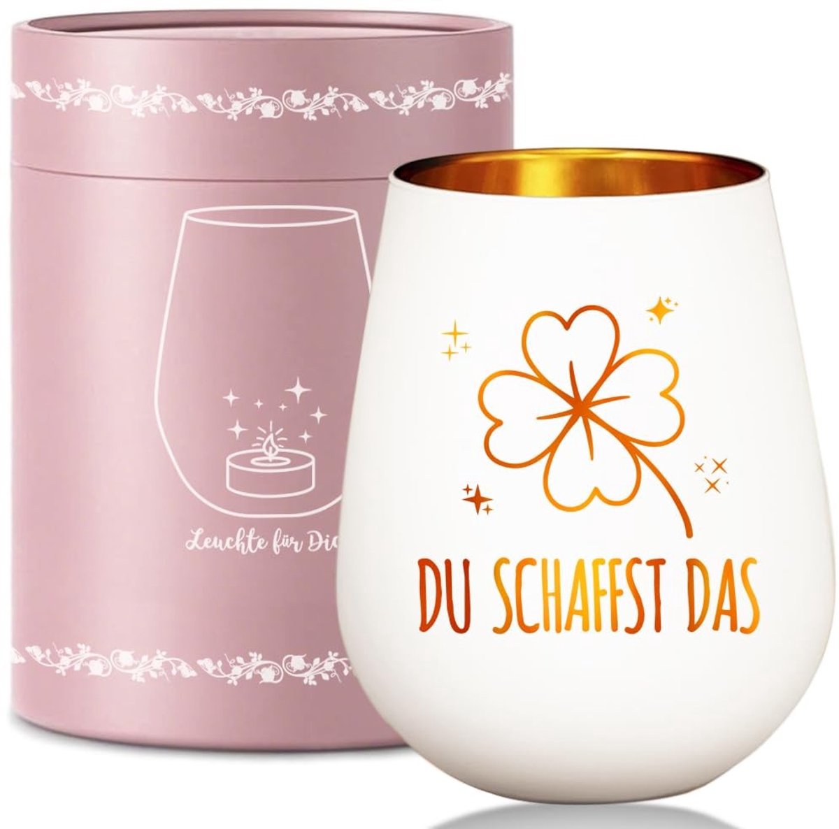 Dailygoods- Windlicht glas geluksbrenger - Theelichthouder voor vrouwen - Positief gelukslicht - Cadeau voor examen - Moedermaker geschenk - Klavertje vier als gelukssymbool