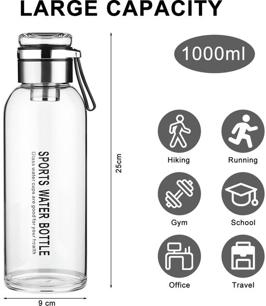 Dailygoods- Glazen Fles 1 Liter - Waterfles van Glas - Theefles met Zeef - Drinkfles met Roestvrijstalen Filter - Duurzaam Borosilicaatglas - Veilig en Schokbestendig van Dailygoods — afbeelding 4