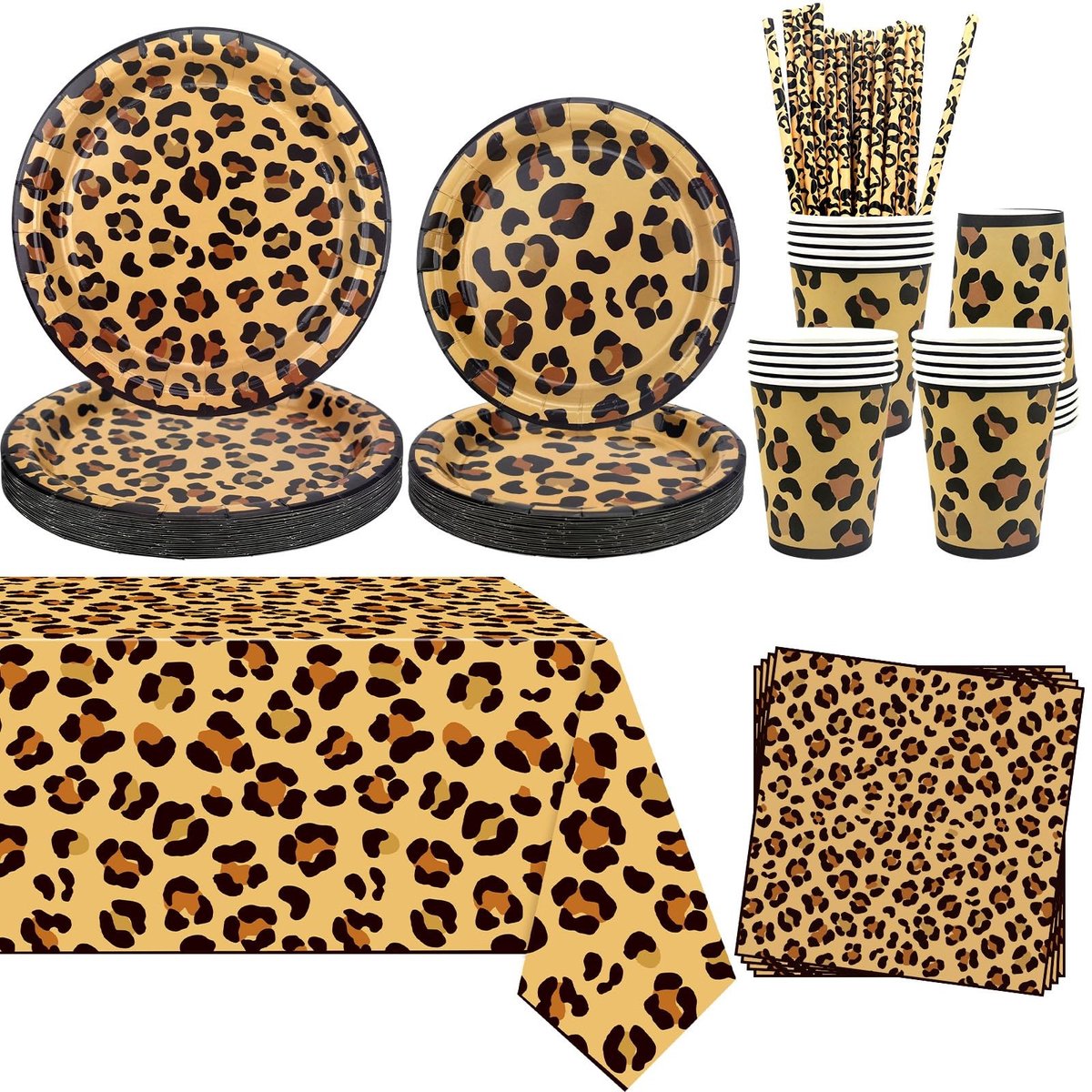 Dailygoods- Verjaardagsfeestdecoratie Luipaardprint - Feestartikelen voor 20 Personen - Borden/Servetten - Tafelkleed - Papieren Bekers - Jungle Safari Thema - Heldere Kleurenprint