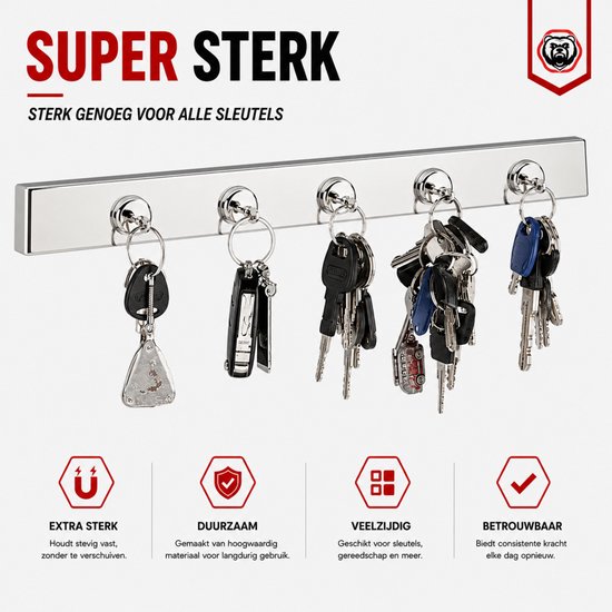 Super sterke magnetische haken houden een set sleutels aan een metalen strip, zilverkleurig, 20 mm.