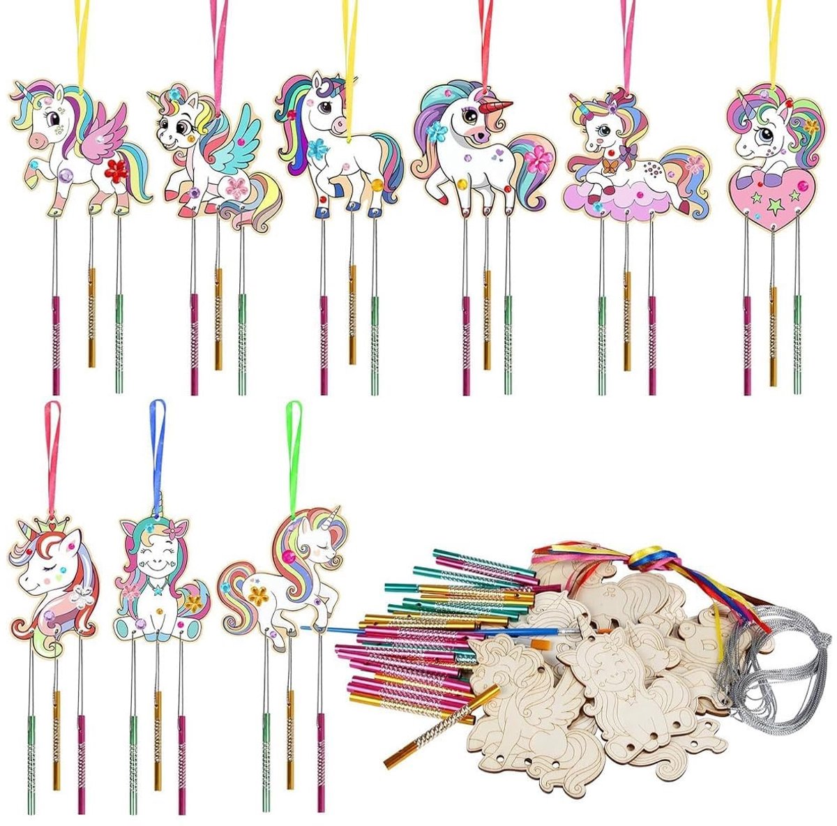 Dailygoods- Windgong 9 Stuks - Houten Eenhoorn - Knutselen voor Kinderen - Creatieve Activiteiten - Doe-Het-Zelf Verf - Veelkleurig Materiaal - Knutselset