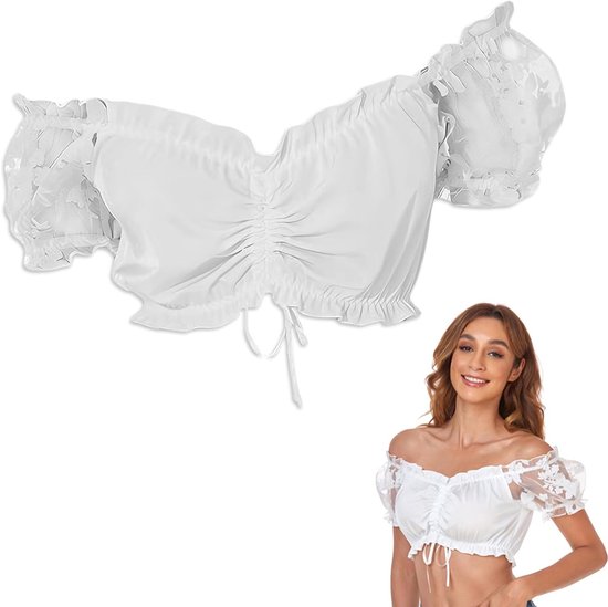 Wit off-shoulder crop top met ruches, veterdetail en transparante kanten pofmouwen.