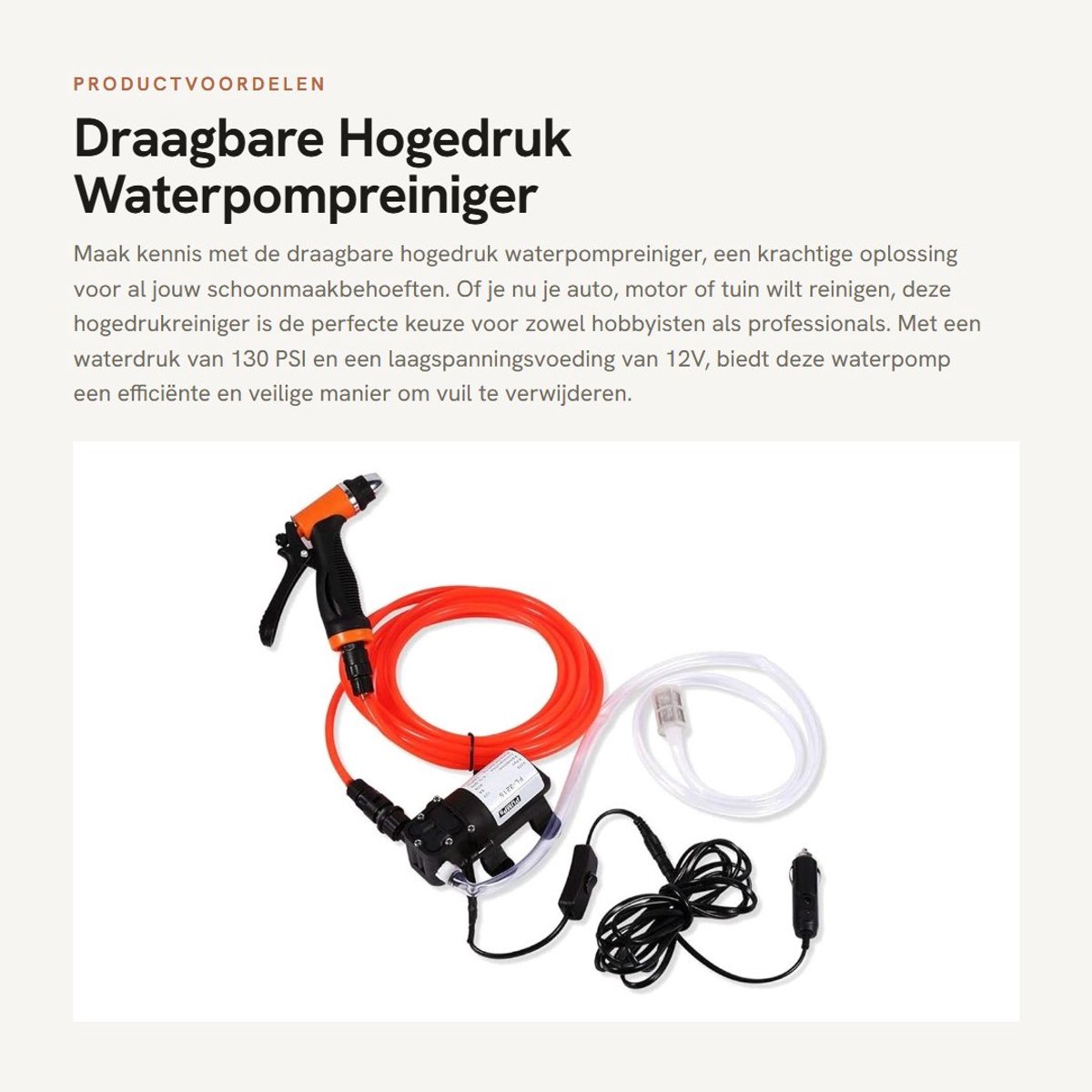 Dailygoods- Hogedrukreiniger Draagbaar - Waterpomp 12V - Autowasstraat - Ergonomisch Waterpistool - Hoge Druk 130 PSI - Eenvoudig in Gebruik