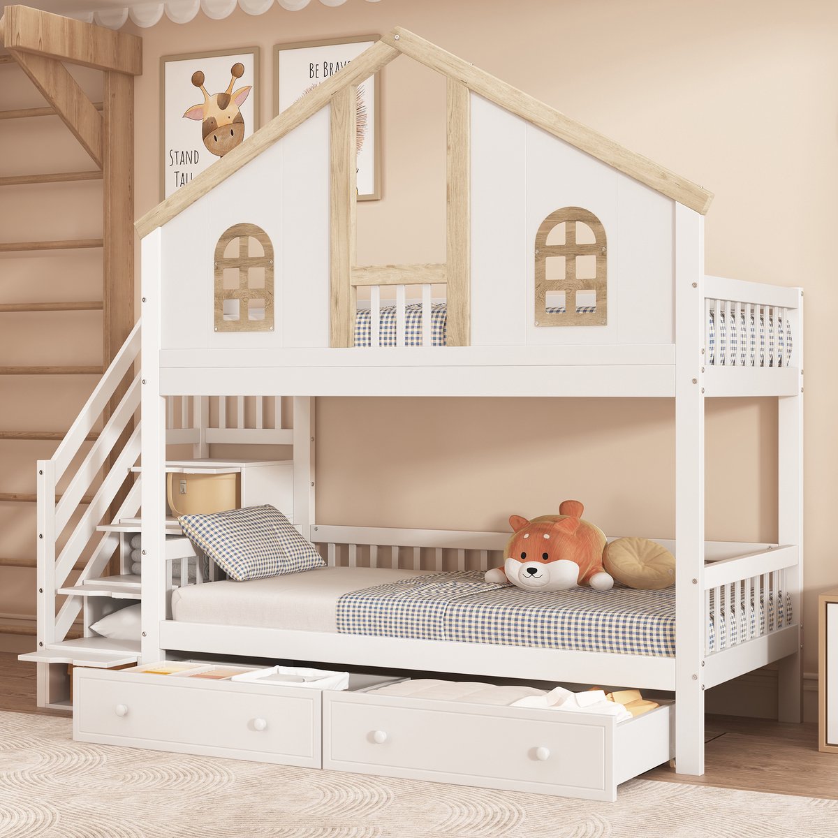 MEUNIQ stapelbed 90x200 cm voor kinderkamer met trap en 4 opbergvakken, 2 lades op wielen, veiligheidshek rondom en vensters, wit en naturel