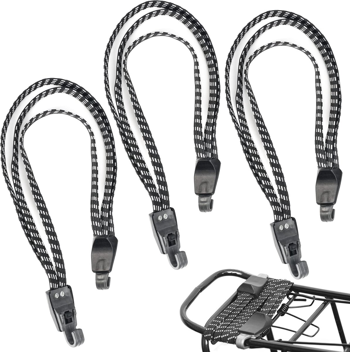 Dailygoods- Fietsspanriemen Set van 3 - Bungee Koord met Haken - Elastisch - Zwart/Wit Gestreept - Geschikt voor Fietsen/Motorfietsen - Hoge Elasticiteit - Bungeekoord