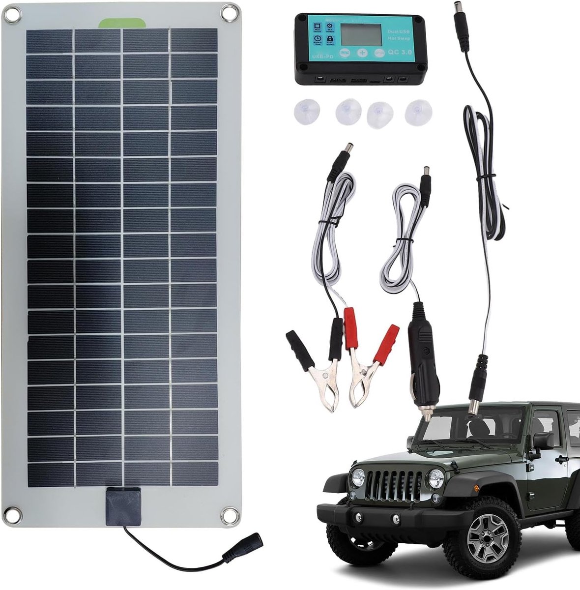 Zonnepaneel Druppellader - Auto Batterij Oplader - Batterij Onderhoud - Plug en Play - 30W - Zwart