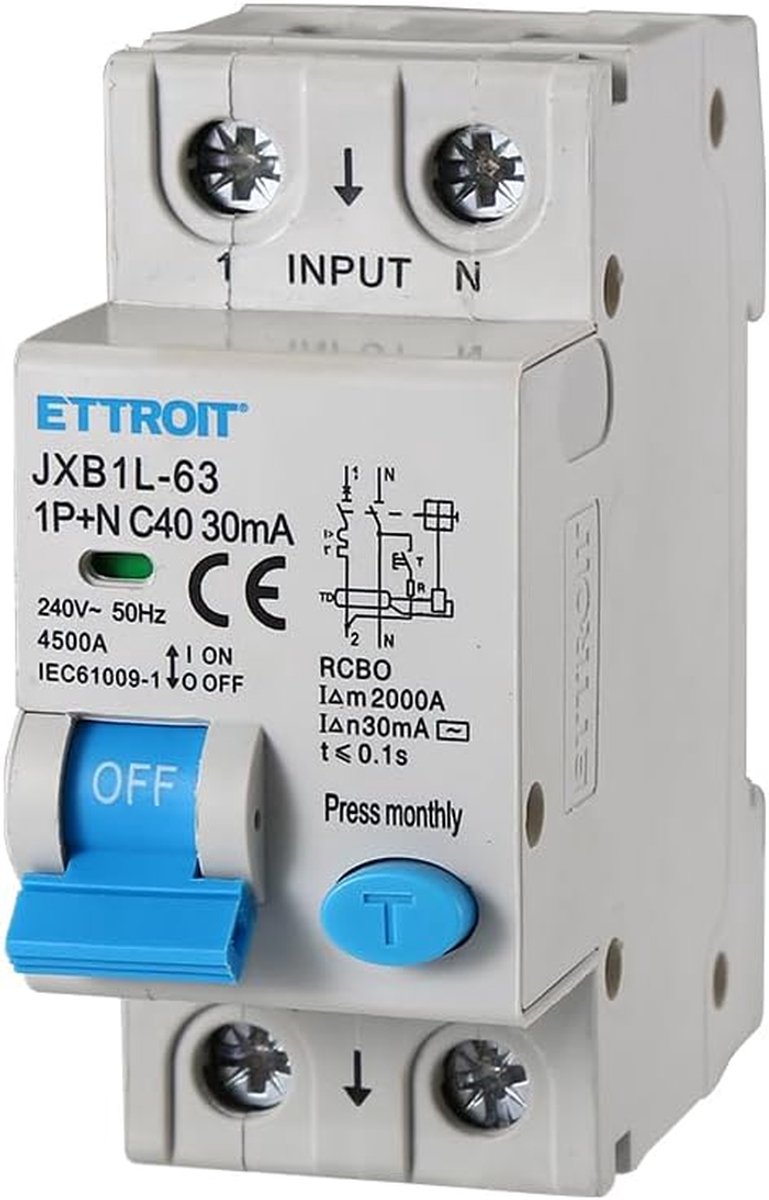 Magnetische Schakelaar - Differentieel Beveiliging - Elektrische Installatie - 2 DIN Modules - 40A 240V - Grijs