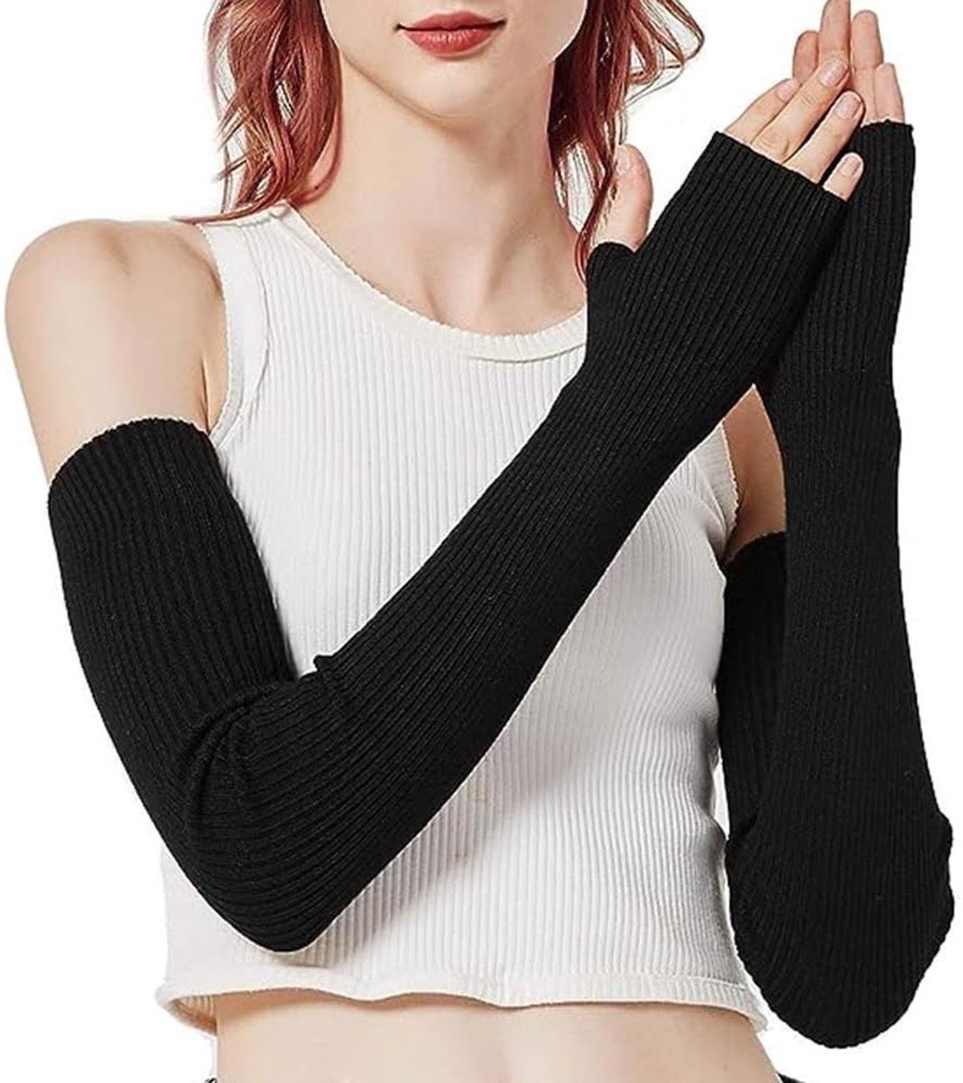Dailygoods- Vingerloze Handschoenen Lange Gebreide Zachte - Polswarmers - Armwarmers - One Size - Rekbaar - Zwart