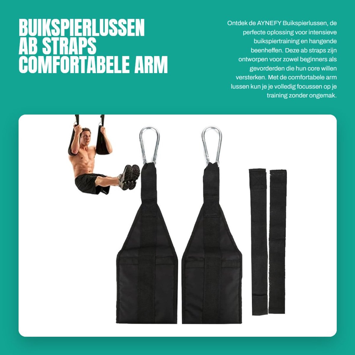Dailygoods- Buikspierlussen Hoog Draagvermogen - Ab Straps - Comfortabele Arm Lussen - Karabijnhaken - Geschikt voor Hangende Beenheffen - Afmetingen 50 x 18 cm