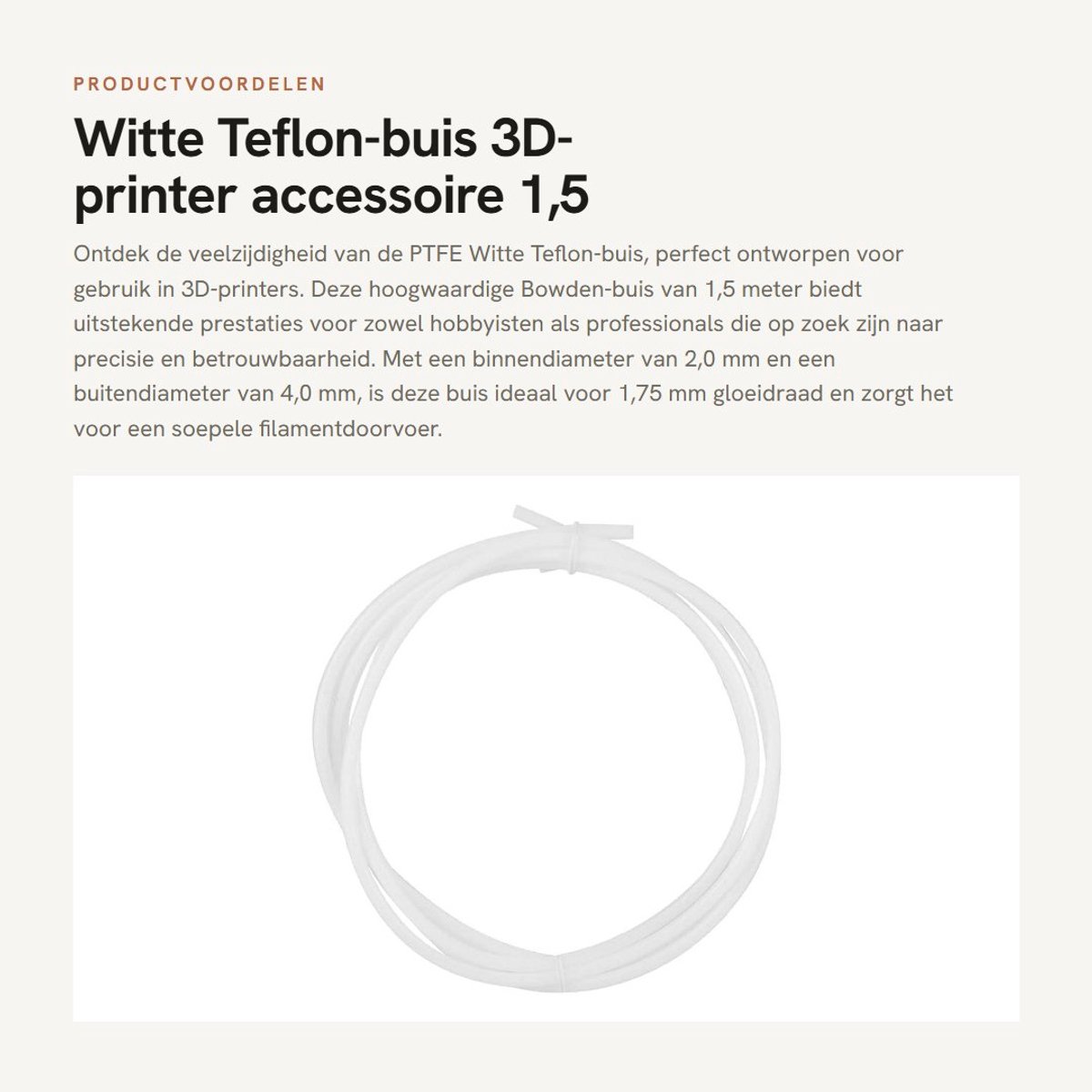Dailygoods- Teflon-buis 1,5/2 M - PTFE Bowden-buis - 1,75-gloeidraad - 2,0 Mm ID - 4,0 Mm OD - Geschikt voor 3D-printers - 3D-printerbuis
