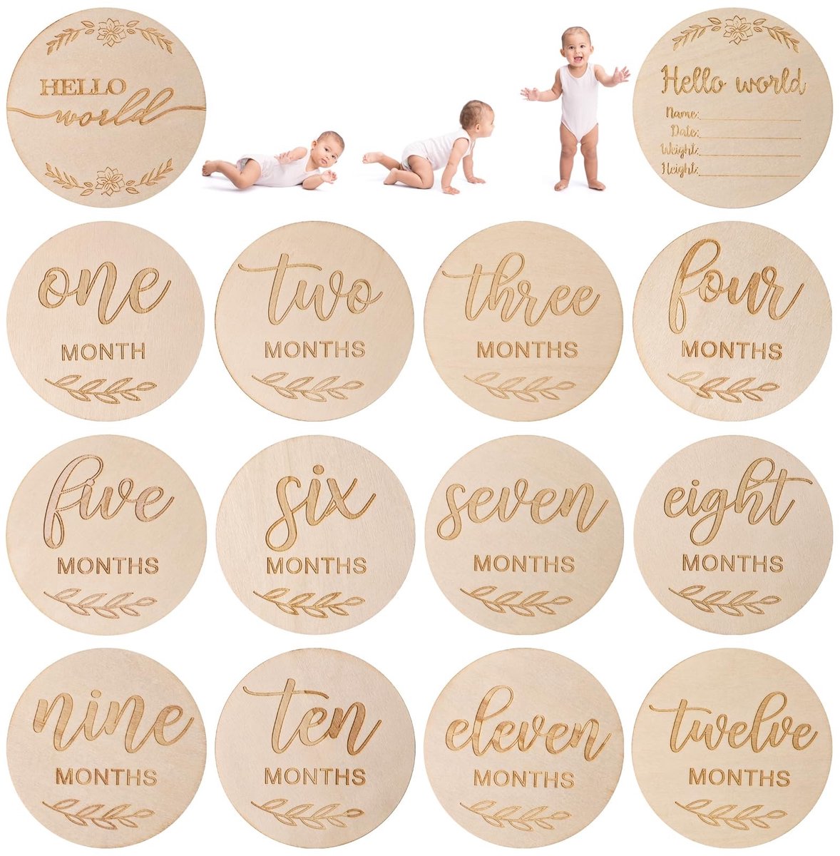 Dailygoods- Houten Kaartenhouder 14 Maanden - Foto Accessoires - Gegraveerde Houten Kaarten - Veilig Ontwerp - Natuurlijke Hout - Milieuvriendelijk - Maandelijkse Kaarten