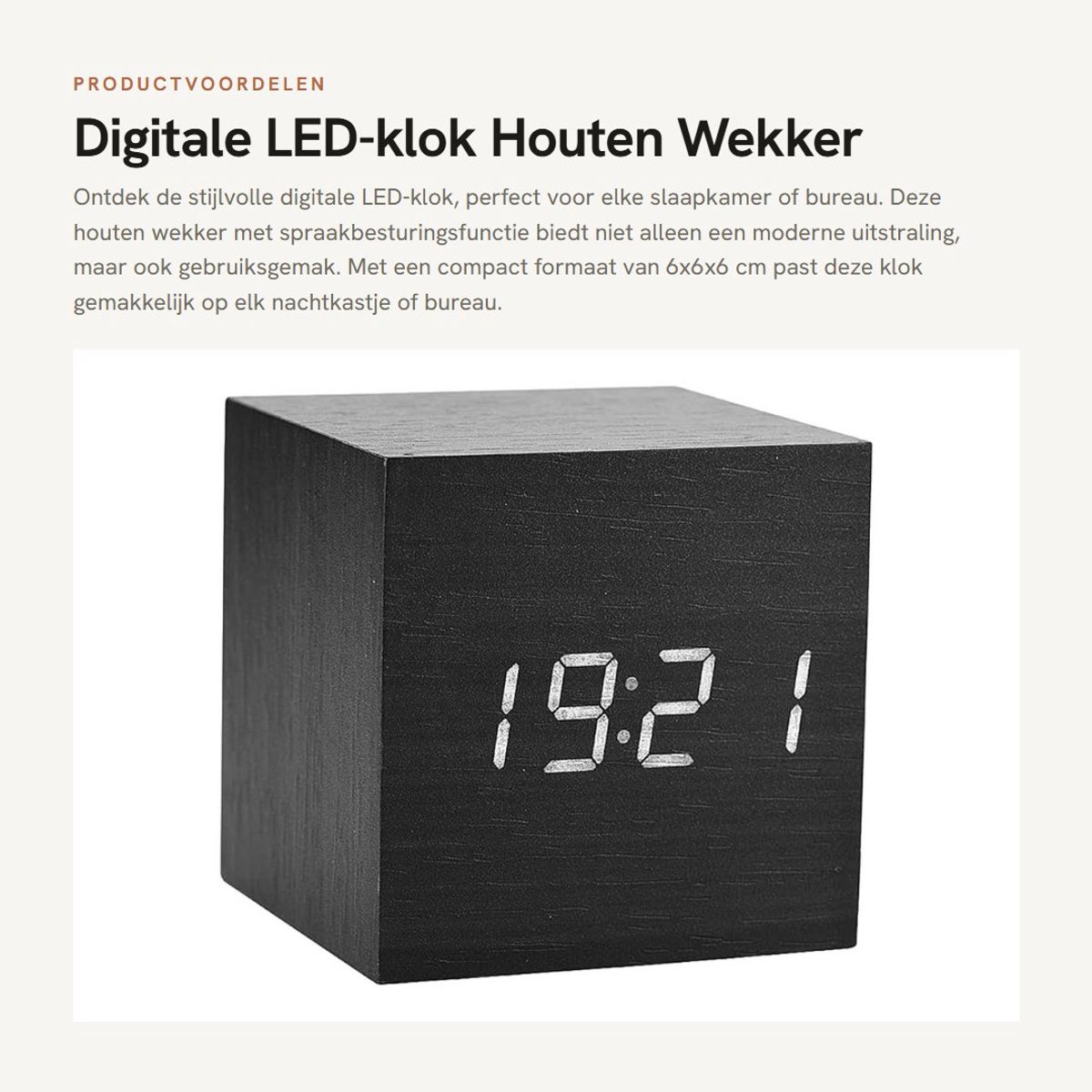 Dailygoods- Digitale Wekker Houten - LED Klok - Spraakbesturing - 12/24-Uurs Modus - Mini Formaat 6x6x6 cm - Zwart Hout