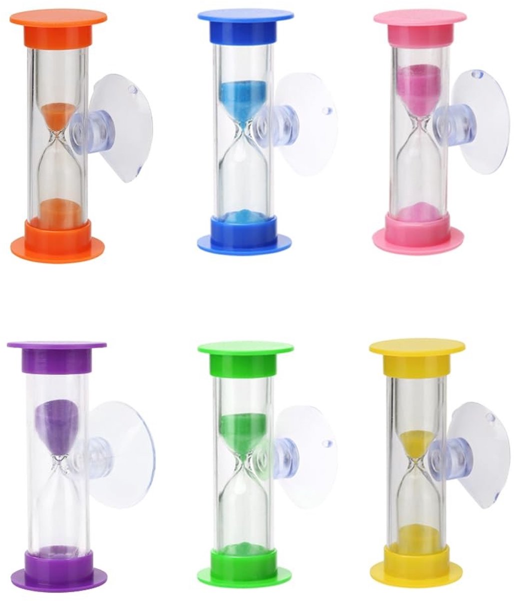 Dailygoods- Zandloper 6 stuks - 2/3 minuten - met zuignap - voor kinderen/volwassenen - duurzaam materiaal - ideaal voor spelletjes/tandenpoetsen - Timer