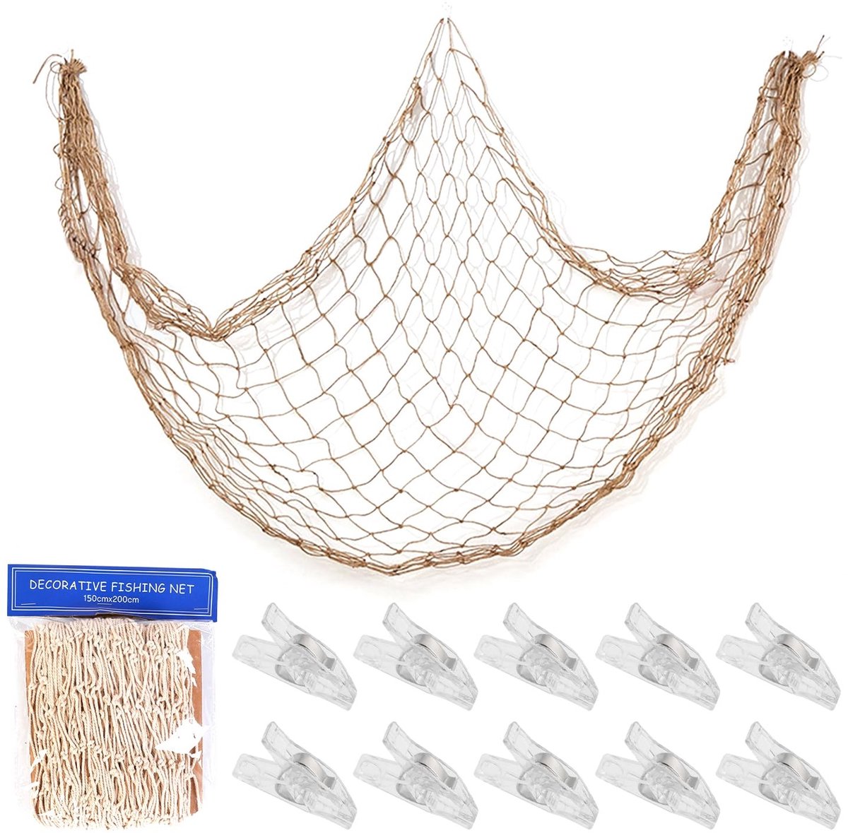 Dailygoods- Visnet 1,5 x 2 m - Wanddecoratie - Katoendraad - 10 Transparante Klemmen - Sterk en Duurzaam - Nautisch Thema - Decoratienet