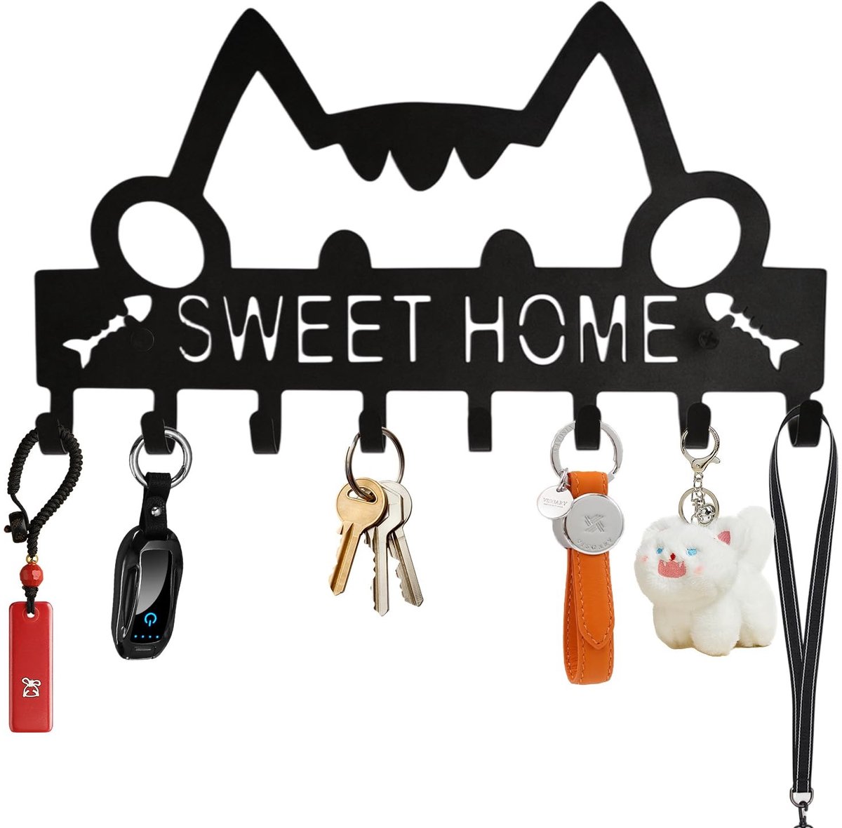 Dailygoods - Modern sleutelrek voor katten, zwarte sleutelhouder voor muur, metaal, multifunctionele sleutelhaak met 8 haken, sleutelhanger voor hal, woning, woonkamer, keuken