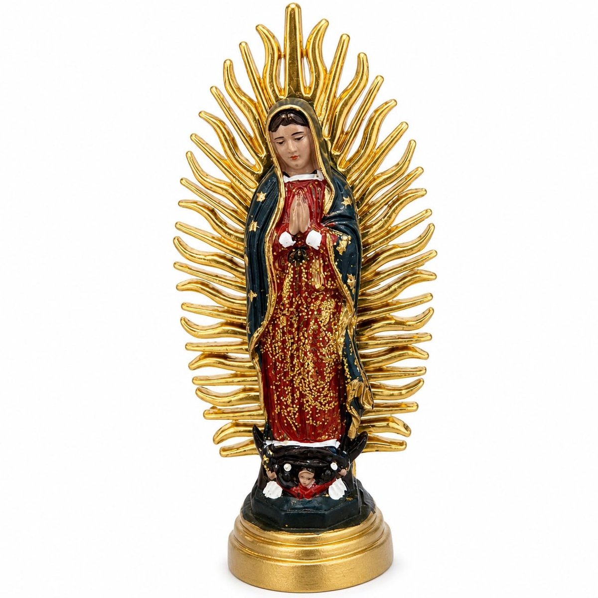Dailygoods- Beeldje Maagd Guadeloupe - Handbeschilderd - Hars - Ex-Voto Collectie - Compact 10 x 5 x 2 cm - Gouden halo - Beeld