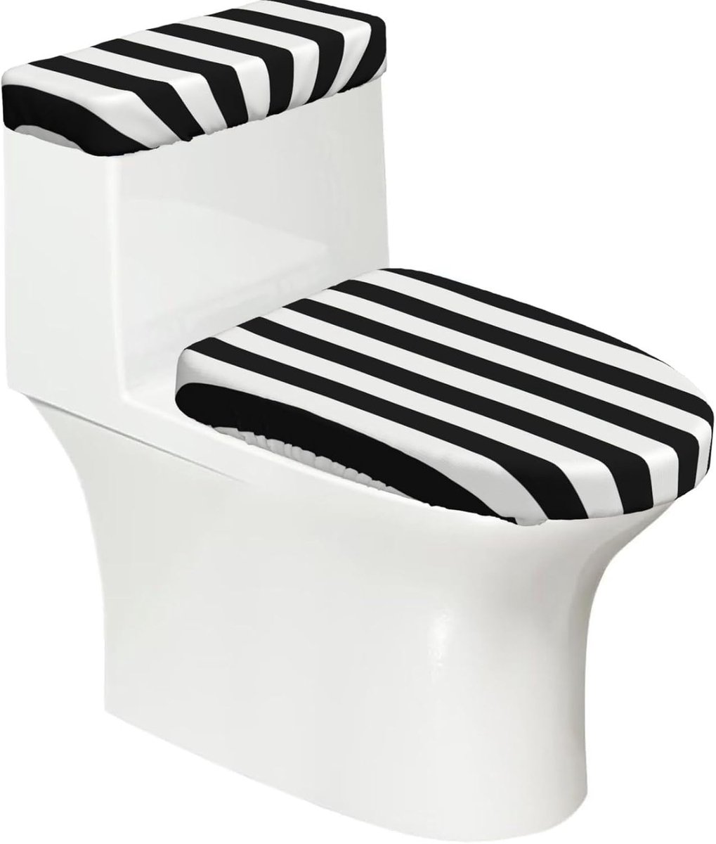 Toilet dekselhoezen - Zwart-wit gestreept - Badkamer decoratie - Rekbare stof - 2 stuks - Zwart en wit