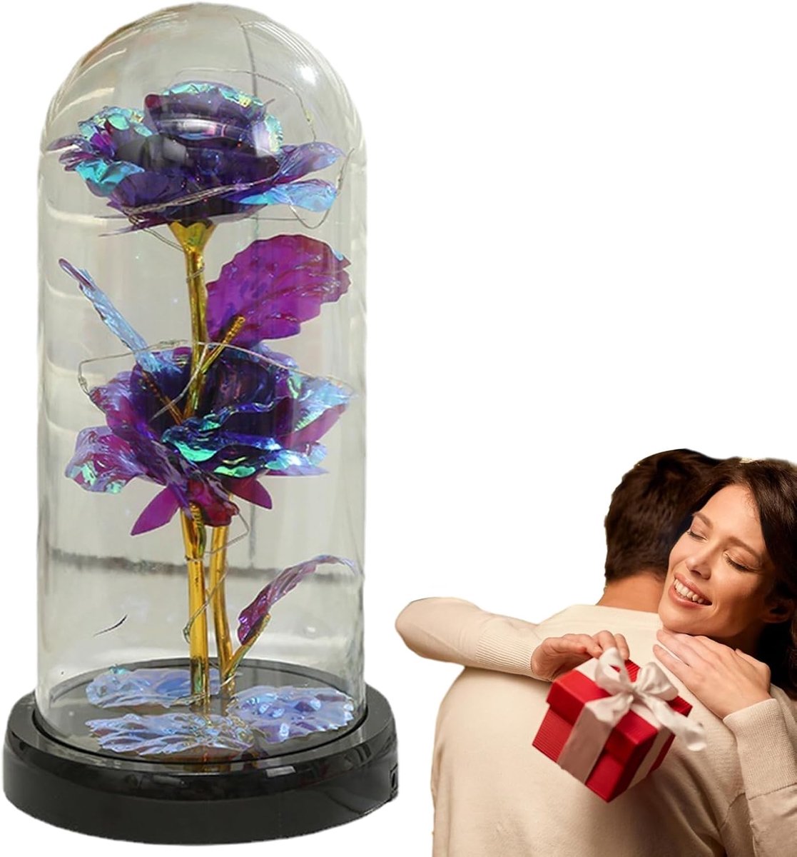 Glazen Roos - Decoratieve Bloem - Romantische Sfeer - Met Ledverlichting - 22 cm Hoog - Kleurrijk