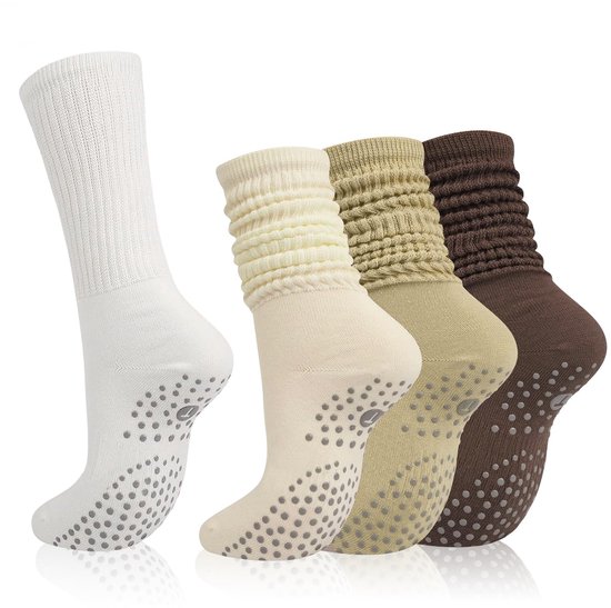 Dailygoods - 4 paar antislipsokken voor dames, katoen, yoga, zachte pilatessokken, gebreide antislip sokken, kniekousen, lange antislip sokken voor ballet, barre, dans, gym, fitness, workout, trampoline, 36-41
