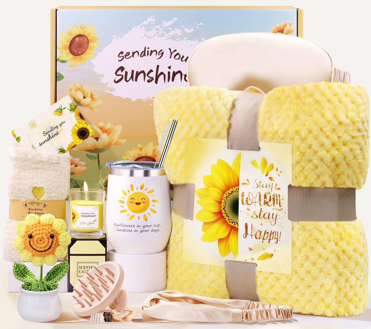 Dailygoods- Cadeauset voor Vrouwen - Zonnebloem Cadeau - Flanellen Deken - Geurkaars - Sla