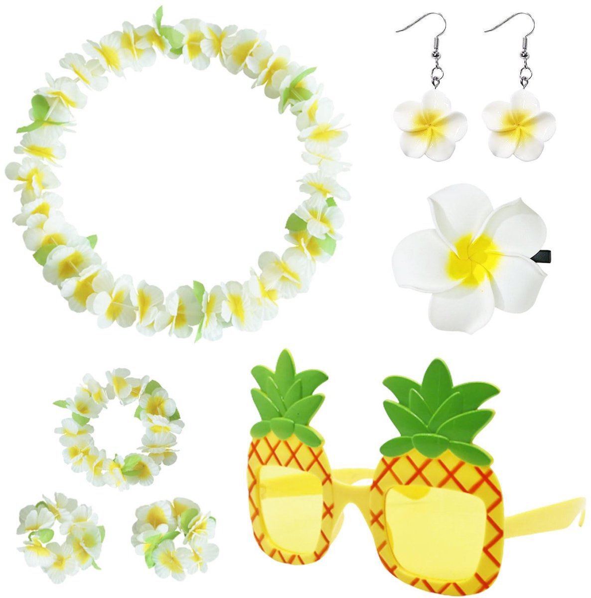 Dailygoods- Verkleedkleding complete set - Hawaiiaanse feestaccessoires - Ananas zonnebril - Bloem hoofdtooi - Polsbandjes - Duurzaam materiaal - Feestoutfit