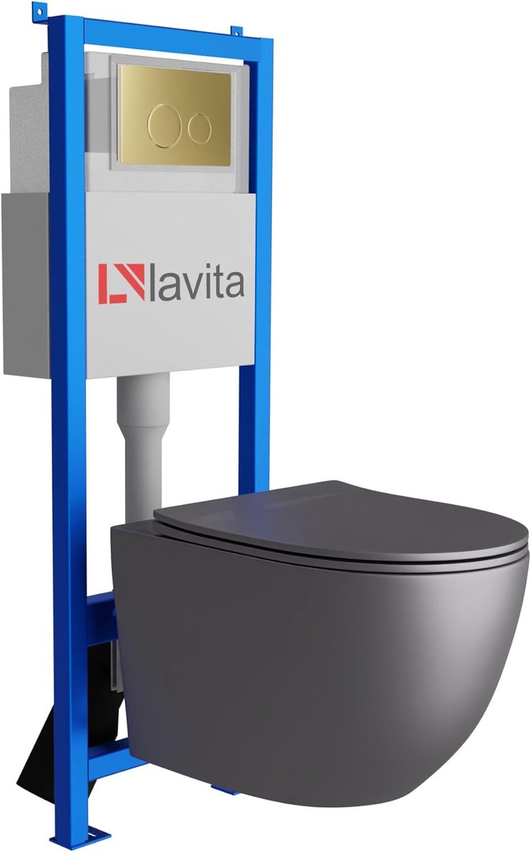 Inbouwtoilet Set - Wandtoilet Complete - Badkamer Vernieuwen - Sonderen Spoelrand - 40 cm Element - Goud Bedieningsplaat